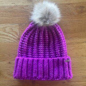 Steve Madden Purple Ribbed Knit Pom Beanie Hat with Faux Fur Top | One Size